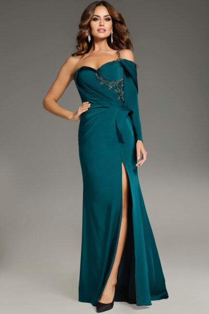 Model wearing Jovani 37566 green dress with asymmetric neckline and high slit from the front.