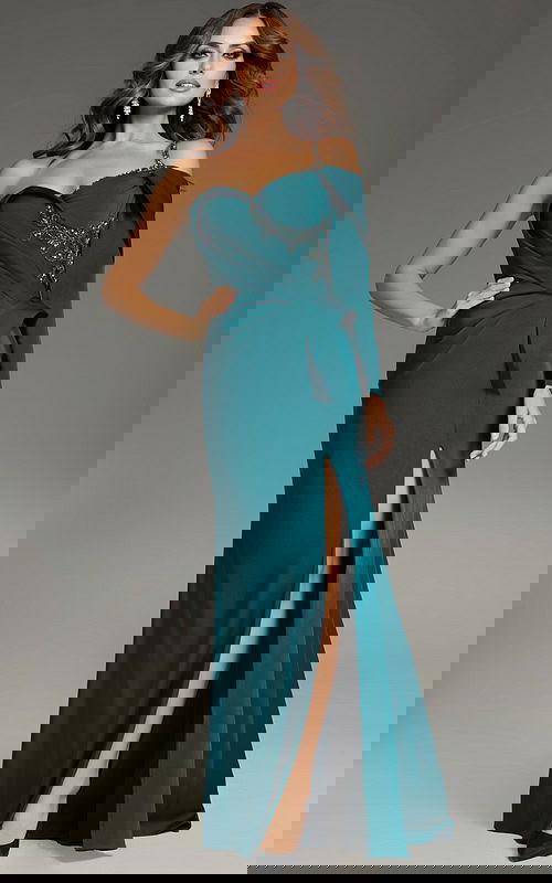 Model wearing Jovani 37566 green dress with asymmetric neckline and high slit from the front.