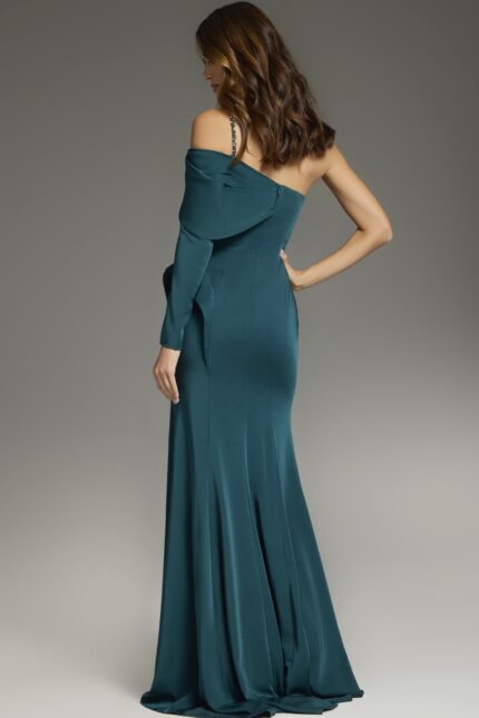 Back view of Jovani 37566 green dress showing the flowing skirt design.