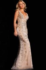Model wearing Jovani 37577 ivory gown with sleeveless design, front view.