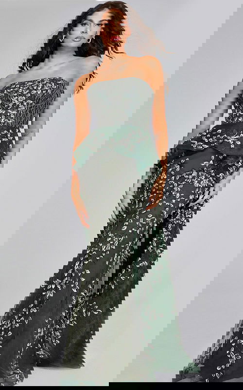 Model wearing Jovani 37599 dark green floor-length dress with strapless neckline and leaf patterns, front view.