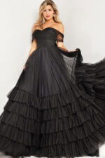 model wearing Jovani 37608 off-the-shoulder black gown