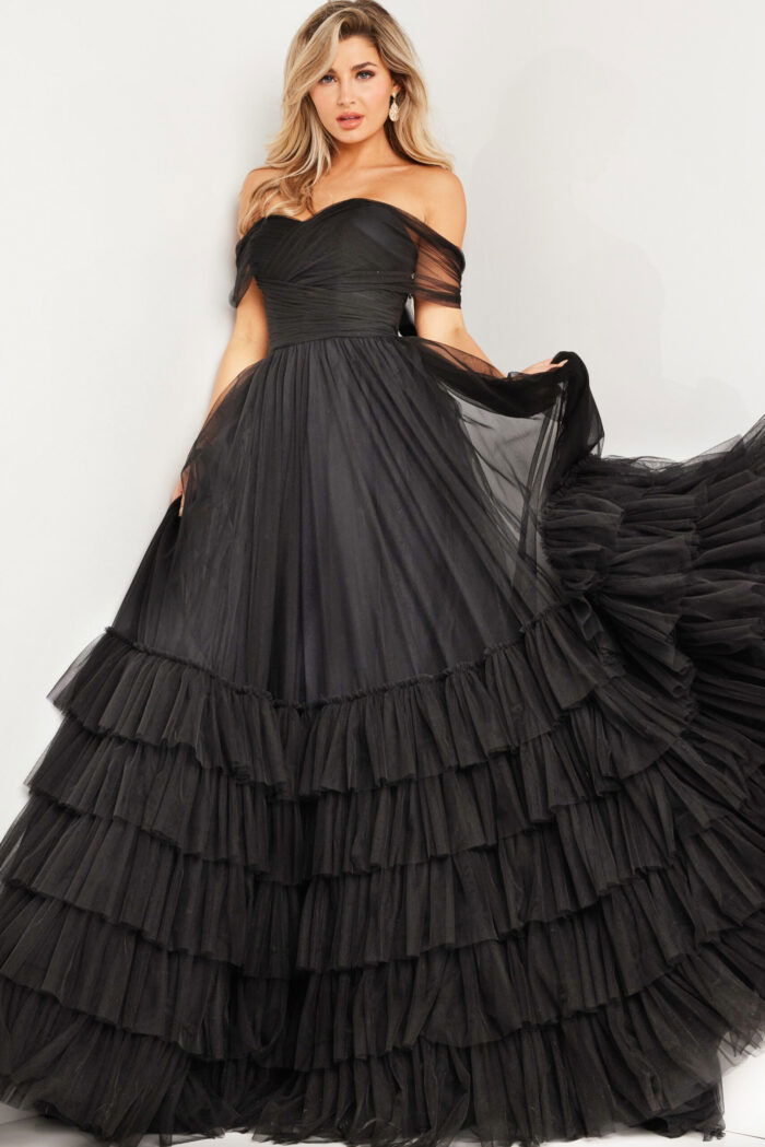 model wearing Jovani 37608 off-the-shoulder black gown