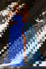 royal blue and light blue high slit layered skirt dress 37630