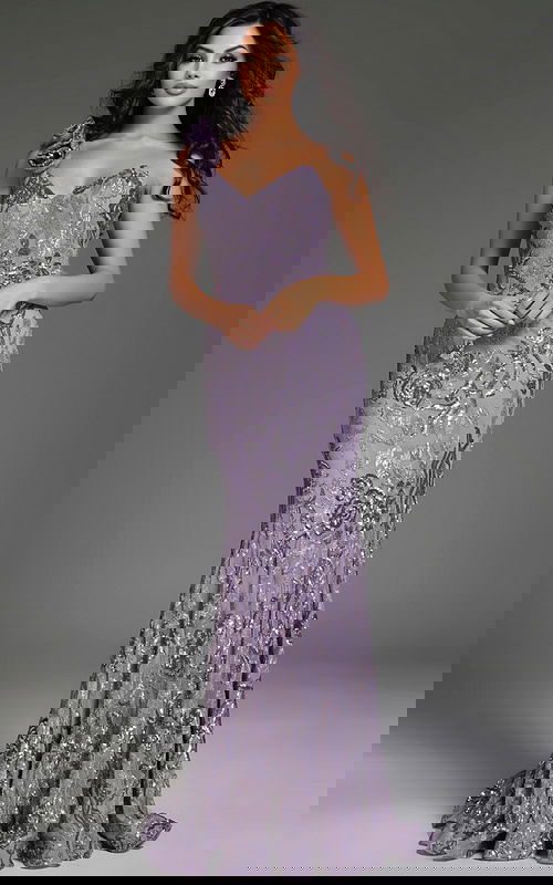 Model wearing Jovani 37634 lilac gown with sweetheart neckline and floral appliqués.
