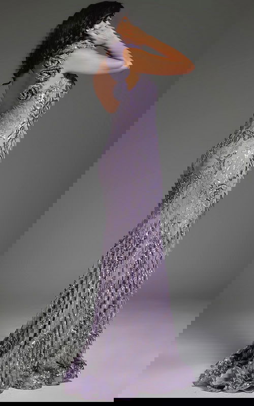 Back view of Jovani 37634 gown in lilac, displaying open back design.