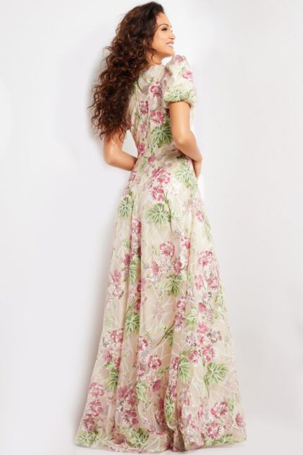 Back view of the Jovani 37636 multi-colored dress highlighting the elegant floral pattern.