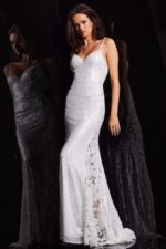 Elegant Jovani 37648 white dress with sparkling sequins and lace.