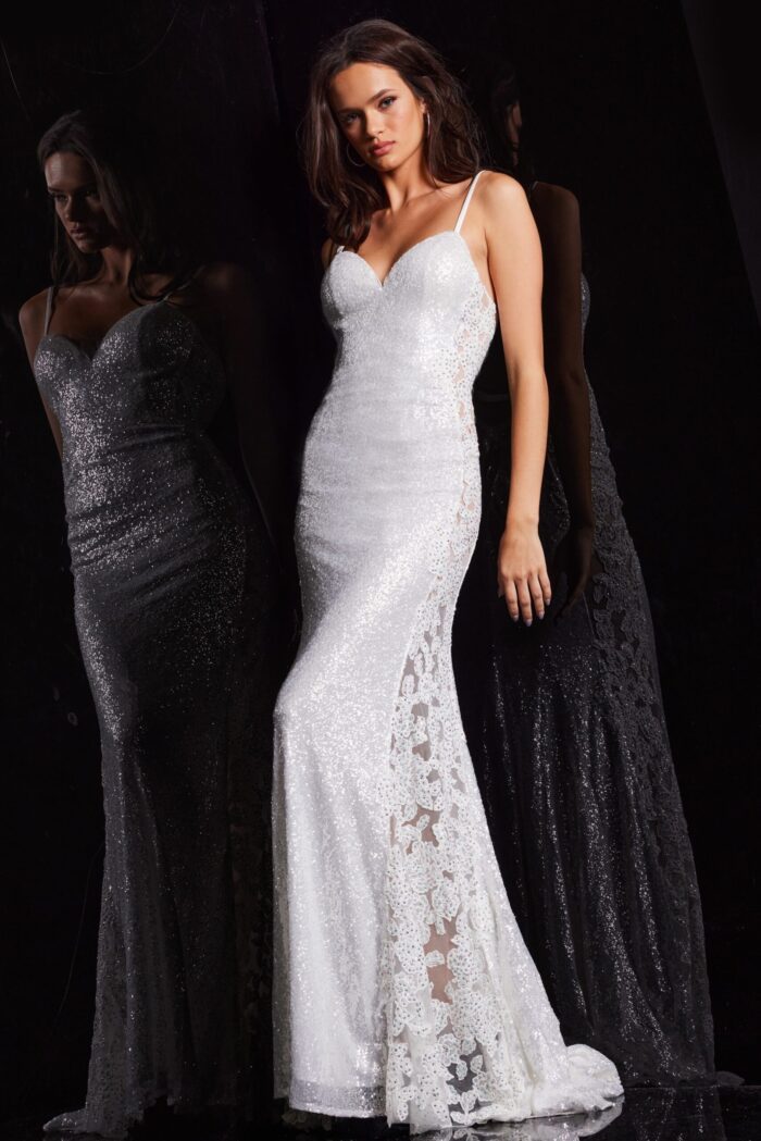 Elegant Jovani 37648 white dress with sparkling sequins and lace.