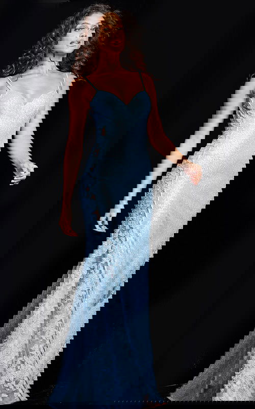 Model wearing Jovani 37648 blue gown with sequins and floral lace details.