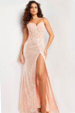 Model wearing Jovani 37649 pink gown with sweetheart neckline and high slit.