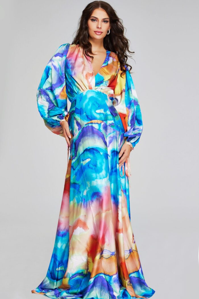 Model wearing Jovani 37669 dress with a wrap V-neckline and bishop sleeves from the front.