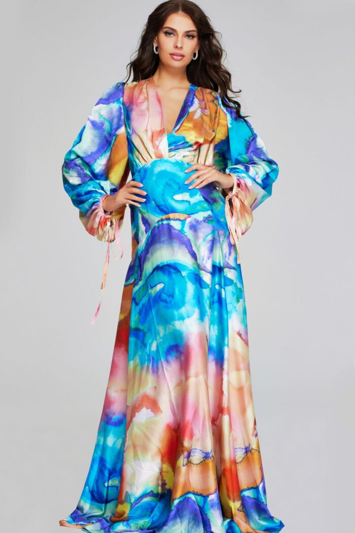 Back view of model wearing Jovani 37669 with dramatic bishop sleeves and vibrant print.