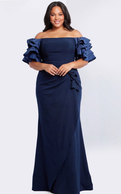 Elegant off the shoulder gown with layered ruffle sleeves.