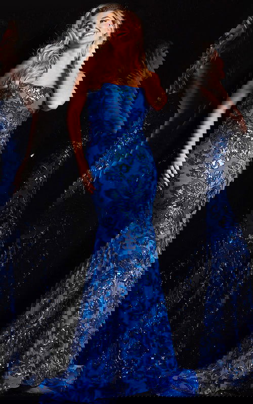 Model wearing Jovani 37687 blue mermaid dress with sequined floral design, front view.