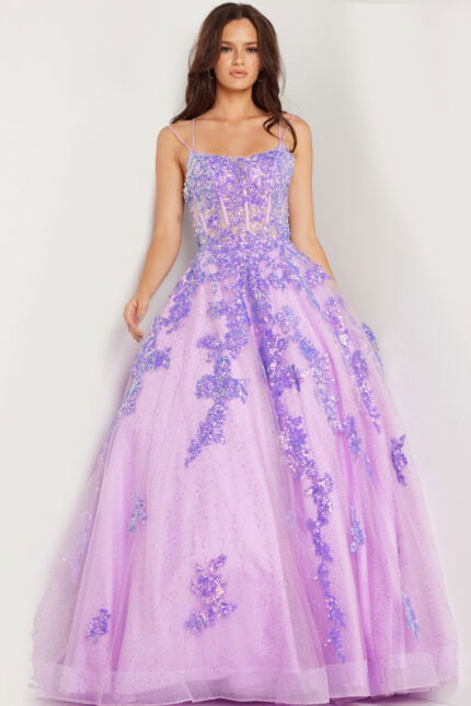 Model wearing Jovani 37700 lilac ball gown with floral appliqué and beadwork, front view.