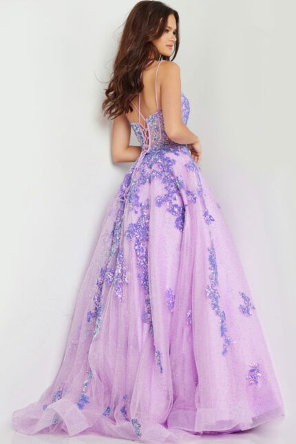 Back view of Jovani 37700 lilac ball gown with lace-up detail.