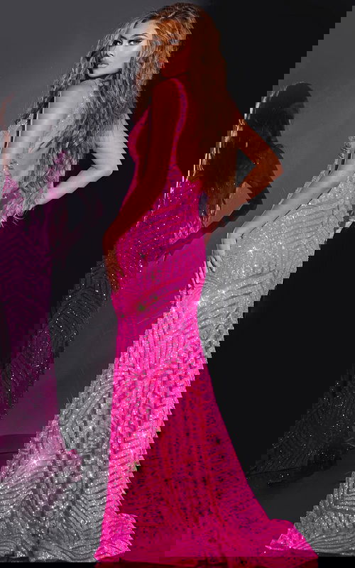 Model wearing Jovani 38053 pink dress viewed from the back showing elegant silhouette.