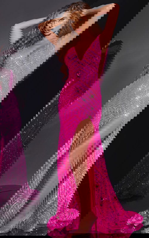 Model wearing Jovani 38053 pink dress with high slit and V-neckline from the front.