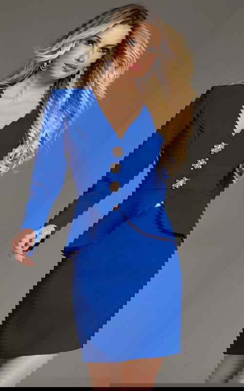 Model wearing 38083 royal blue dress with a back view and long sleeves