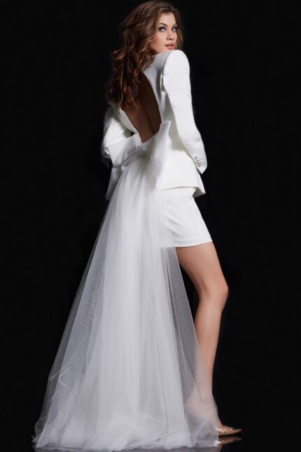 model in Jovani 38084 dress with open back and tulle train, elegant white ensemble