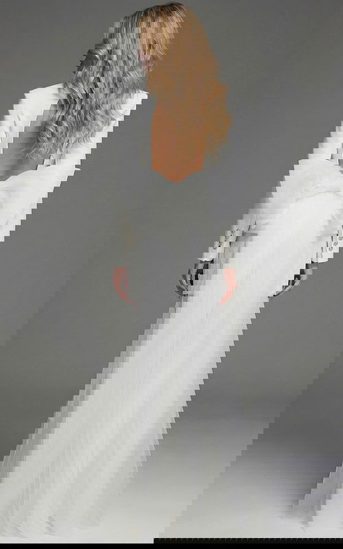 Structured V Neck Jacket Dress With Sheer Floor Length Train