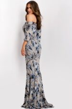 Off Shoulder Sequin Gown With Three-Quarter Sleeves 38109
