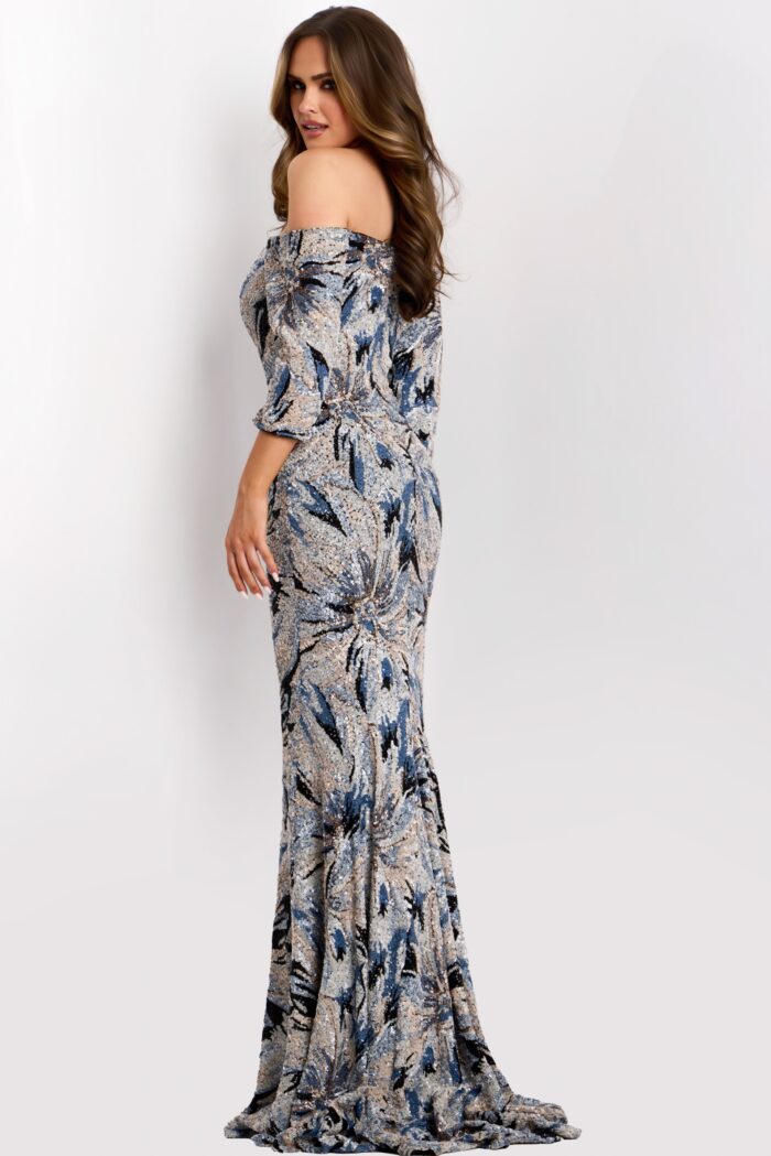 Off Shoulder Sequin Gown With Three-Quarter Sleeves 38109