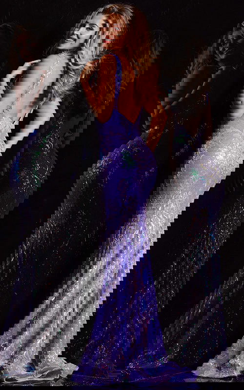 Model showcasing the back of Jovani 38148 lilac mermaid dress with an open back