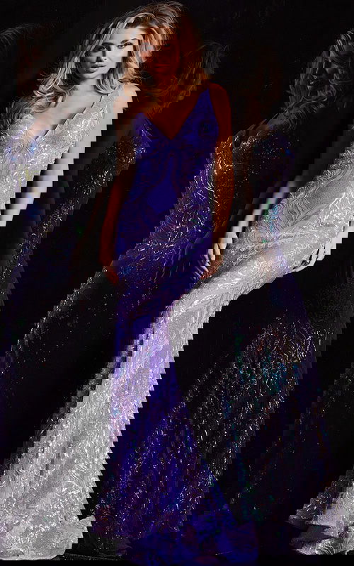 Model wearing Jovani 38148 lilac mermaid dress with a V-neckline from the front view