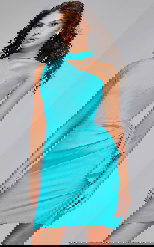 Front view of Jovani 38152 turquoise dress with choker detail.