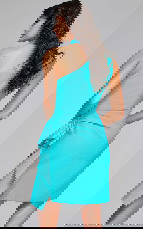 Back view of Jovani 38152 turquoise dress with asymmetrical neckline.