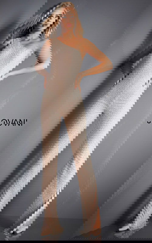 Model wearing Jovani 3816 nude jumpsuit with one-shoulder design