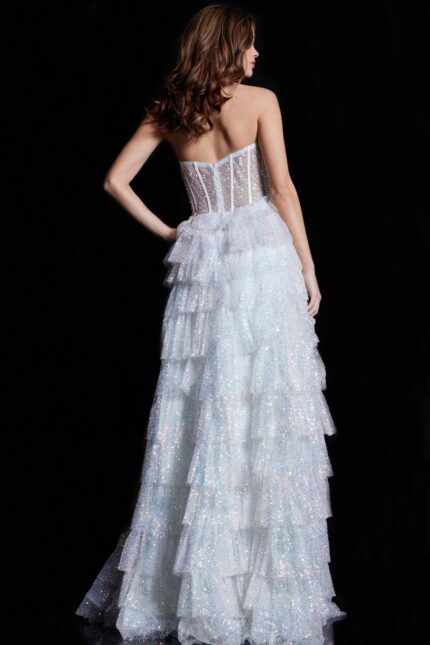 Back view of Jovani 38165 dress with sweetheart neckline and tiered ruffles.