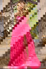 model wearing Jovani 40816 pink dress showing high slit in A-line silhouette