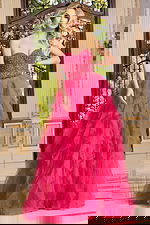 model wearing Jovani 40816 pink dress with sweetheart neckline and A-line silhouette