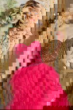 close-up of model in Jovani 40816 pink dress with embellished bodice