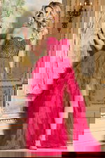 model wearing Jovani 40816 pink dress featuring high slit and sweetheart neckline