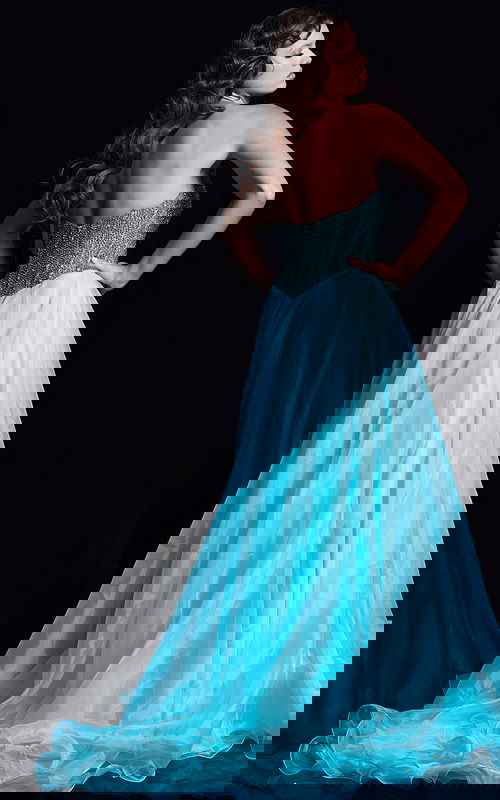 Back view of Jovani 38179 Royal gown highlighting the strapless design.