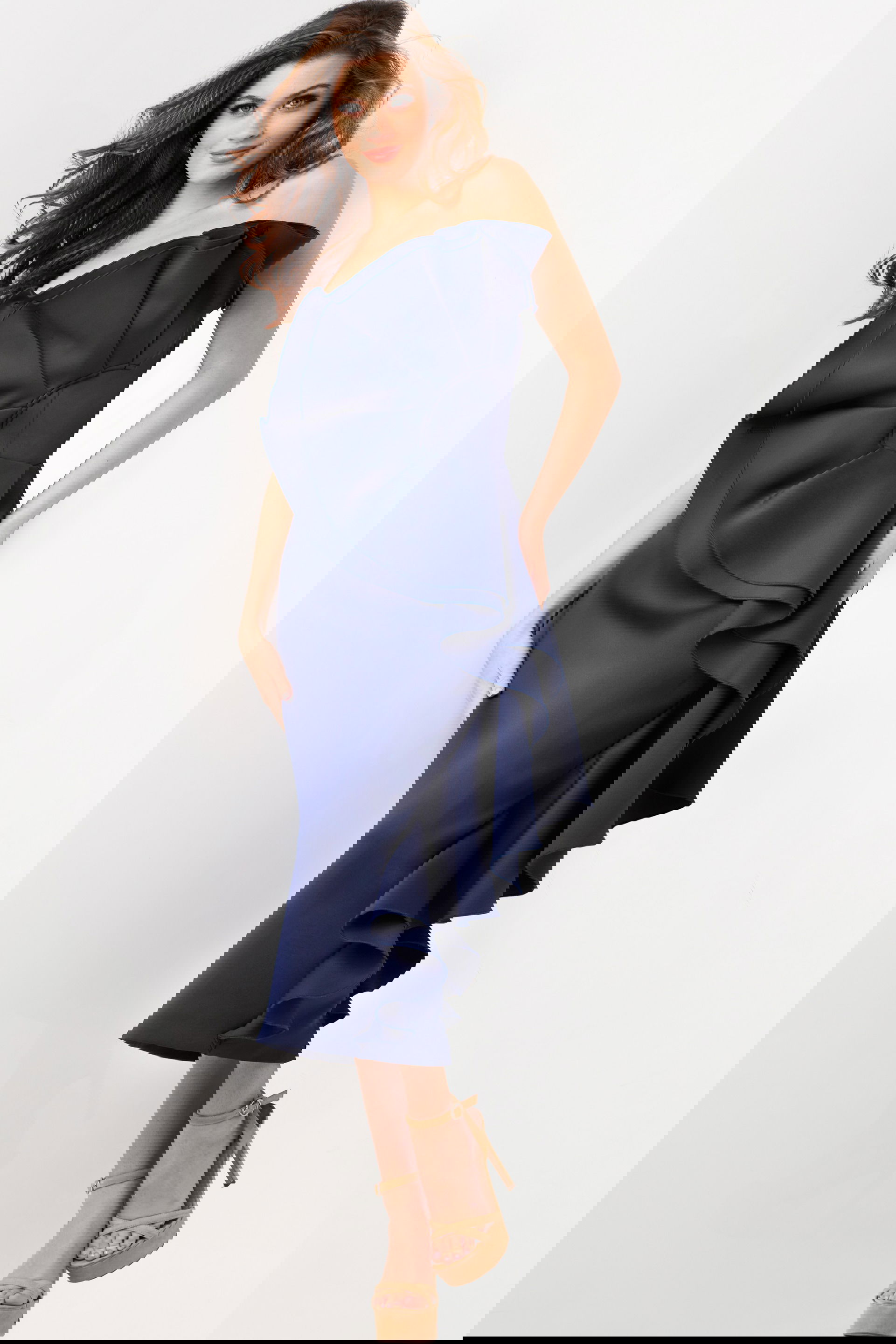 38187-NAVY-21.jpg Model wearing Jovani 38187 navy dress, front view, showcasing off-the-shoulder neckline and ruffles.