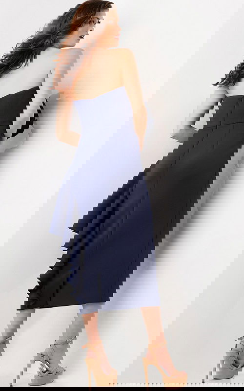 Model wearing Jovani 38187 navy dress, back view, highlighting sleek design and elegant midi length.