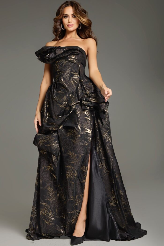 Close-up view of the Jovani 38265 dress, emphasizing the luxurious fabric and detailed gold floral pattern.