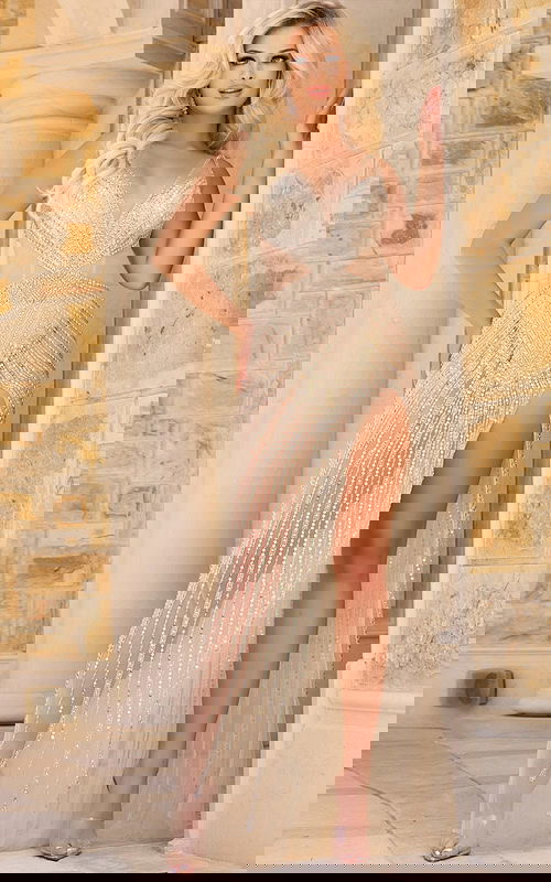 model wearing 38273 nude gown front view