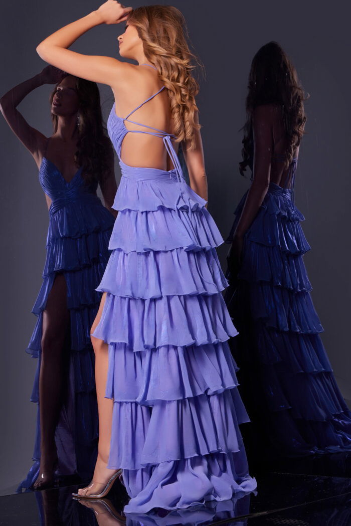 Back view of Jovani 38285 lilac dress with open back design and tiered ruffles.
