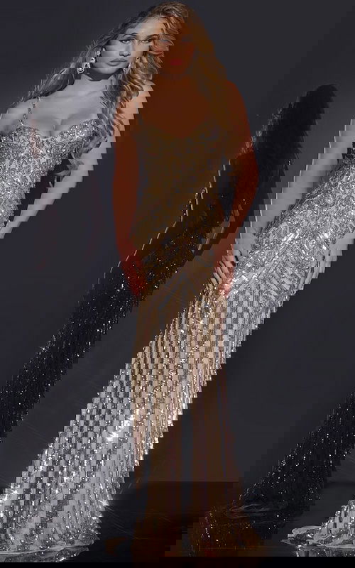 Model wearing Jovani 38300 in nude with sequins, front view