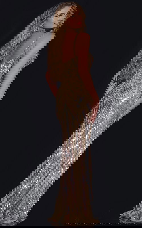 Back view of model in Jovani 38300 nude evening gown