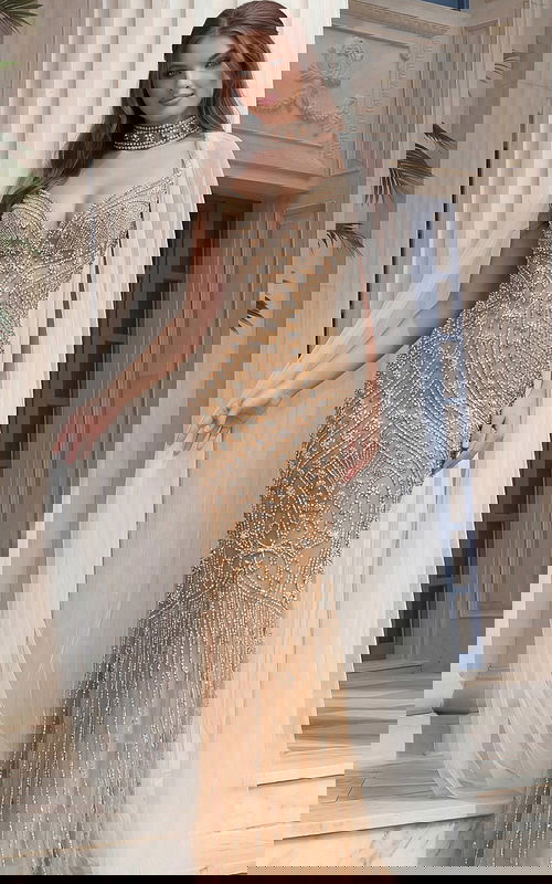 Beaded Illusion Gown With Choker Neckline And Sheer Cape