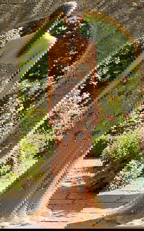 back of mermaid multi color beaded high slit dress 52596