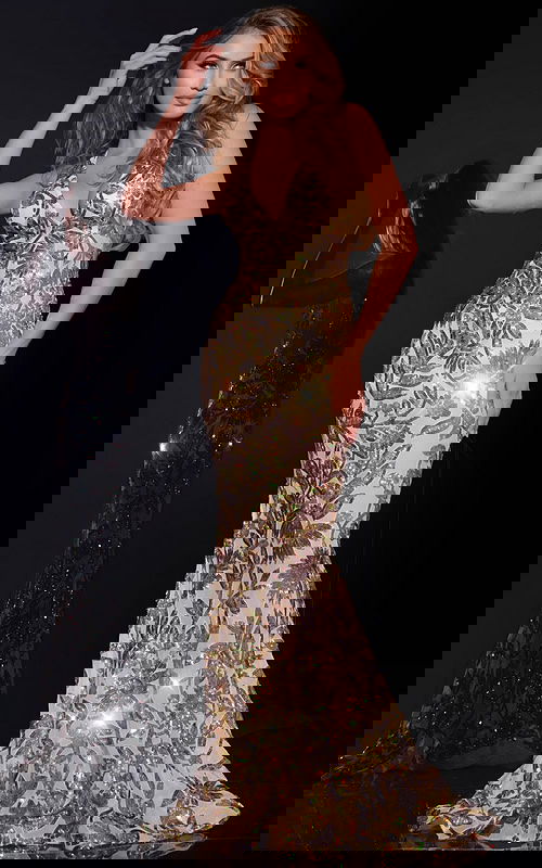 Model in Jovani 38349 gown in gold with intricate sequin design and V-neckline.