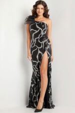 Model wearing Jovani 38377 black gown with asymmetric neckline, sequins, and high slit